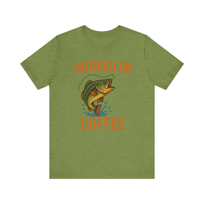Hooked on Coffee Fishing Tee | Unisex Jersey Short Sleeve T-Shirt, Great for Outdoors, Gifts for Fishermen, Coffee Lovers, Casual Wear