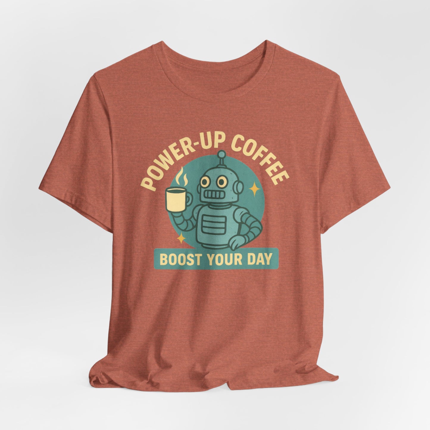 Power-Up Coffee Tee, Funny Robot Shirt, Gift for Coffee Lovers, Unisex Graphic Tee, Quirky Casual Wear, Birthday Apparel
