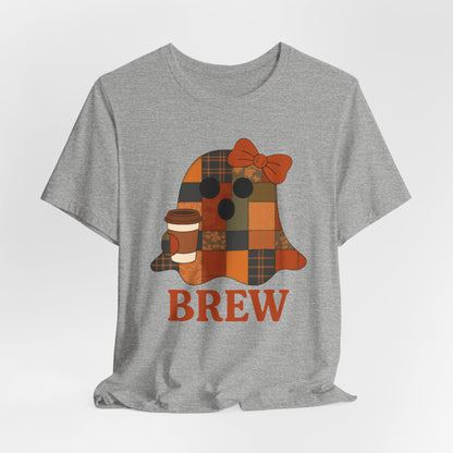 Patchwork Ghost Coffee Halloween Shirt – Quilted Fall Plaid Brew Tee for Coffee Lovers