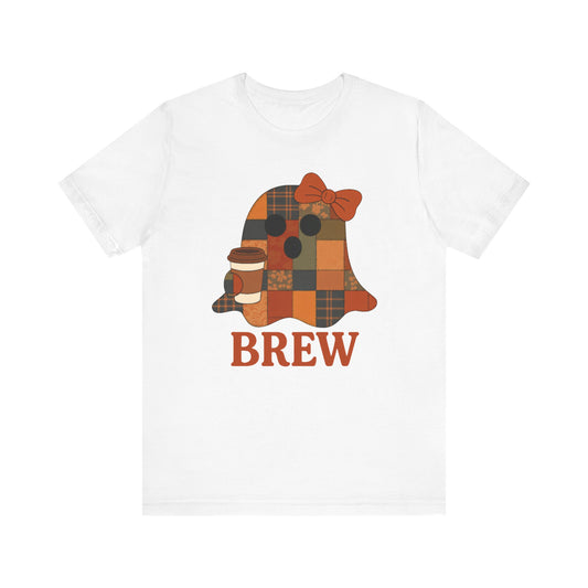 Patchwork Ghost Coffee Halloween Shirt – Quilted Fall Plaid Brew Tee for Coffee Lovers