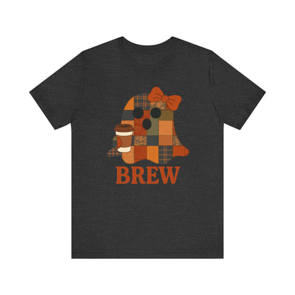 Patchwork Ghost Coffee Halloween Shirt – Quilted Fall Plaid Brew Tee for Coffee Lovers
