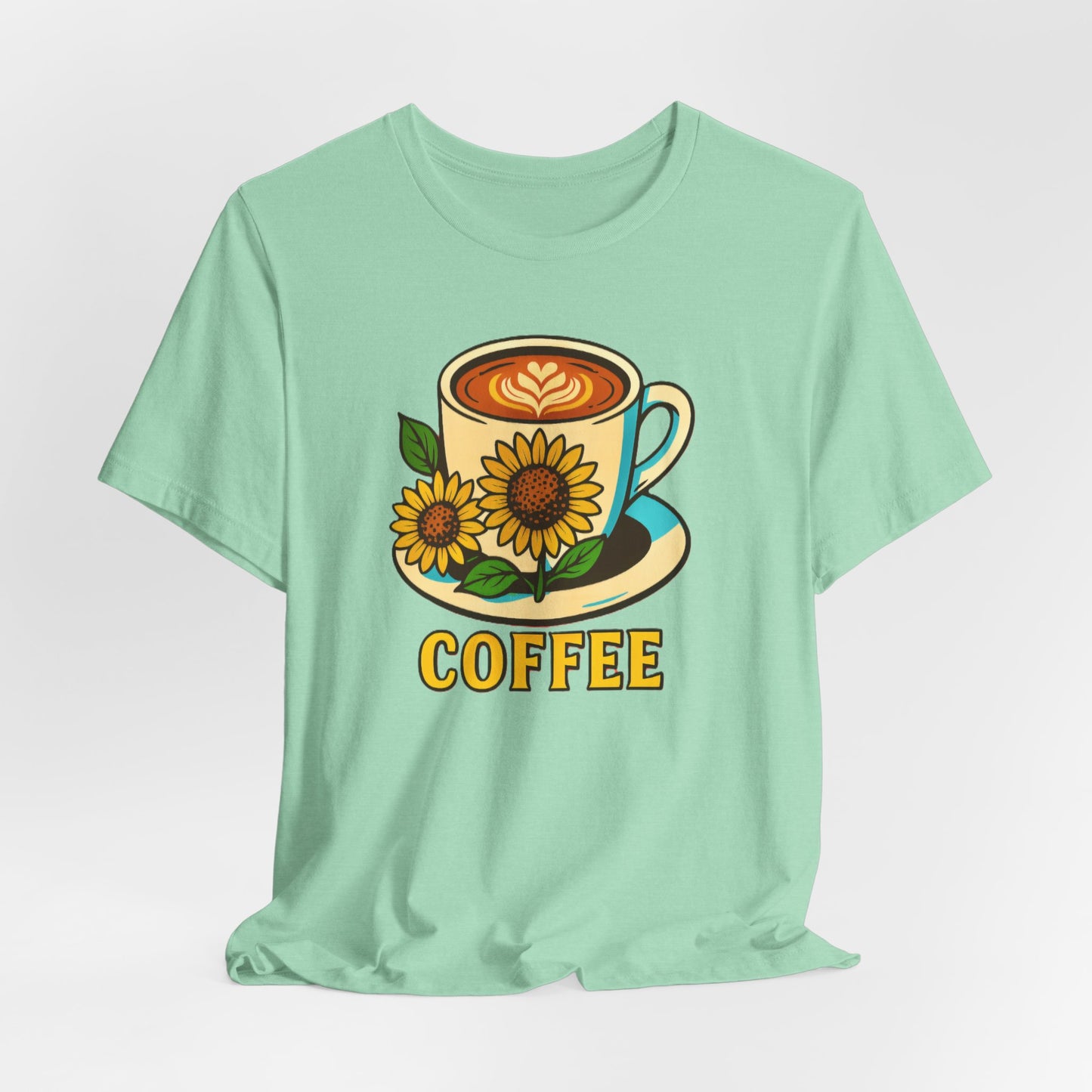 Coffee Lover Tee, Unisex Coffee Short Sleeve Shirt, Sunflower Graphic Tee, Best Gift for Baristas, Casual Summer Wear