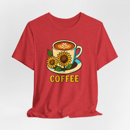 Coffee Lover Tee, Unisex Coffee Short Sleeve Shirt, Sunflower Graphic Tee, Best Gift for Baristas, Casual Summer Wear