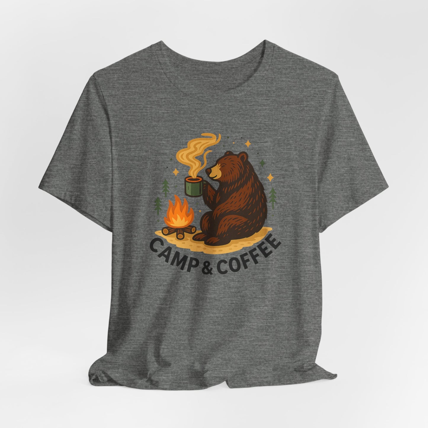 Cozy Campfire T-Shirt, Bear Graphic Tee, Outdoorsy Shirt, Coffee Lovers Gift, Adventure Clothing, Father's Day, Summer Camping Gear