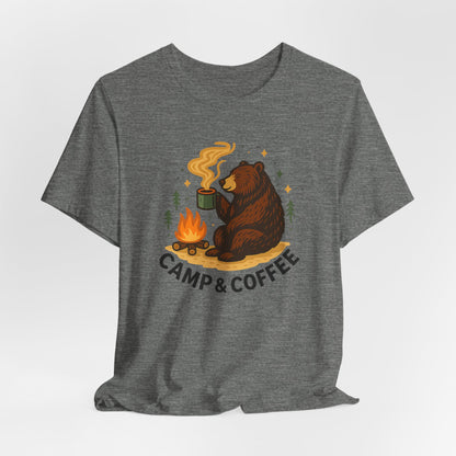 Cozy Campfire T-Shirt, Bear Graphic Tee, Outdoorsy Shirt, Coffee Lovers Gift, Adventure Clothing, Father's Day, Summer Camping Gear