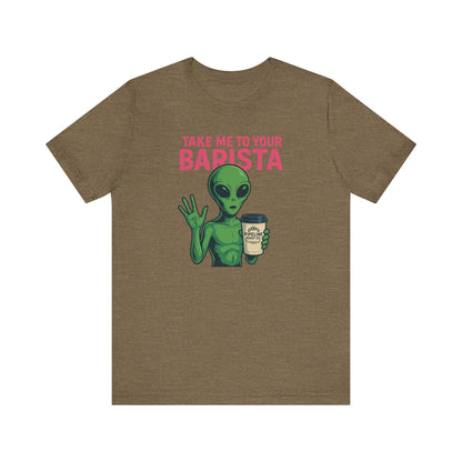 Alien Barista Tee, Funny Coffee Lover Shirt, Unisex Graphic Tee, Gift for Barista, Unique Casual Wear, Quirky Humor Top