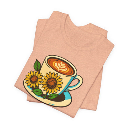 Coffee Lover Tee, Unisex Coffee Short Sleeve Shirt, Sunflower Graphic Tee, Best Gift for Baristas, Casual Summer Wear