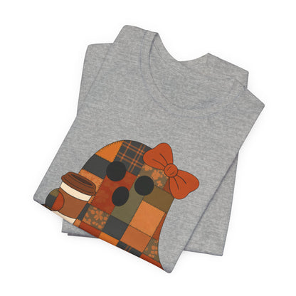 Patchwork Ghost Coffee Halloween Shirt – Quilted Fall Plaid Brew Tee for Coffee Lovers