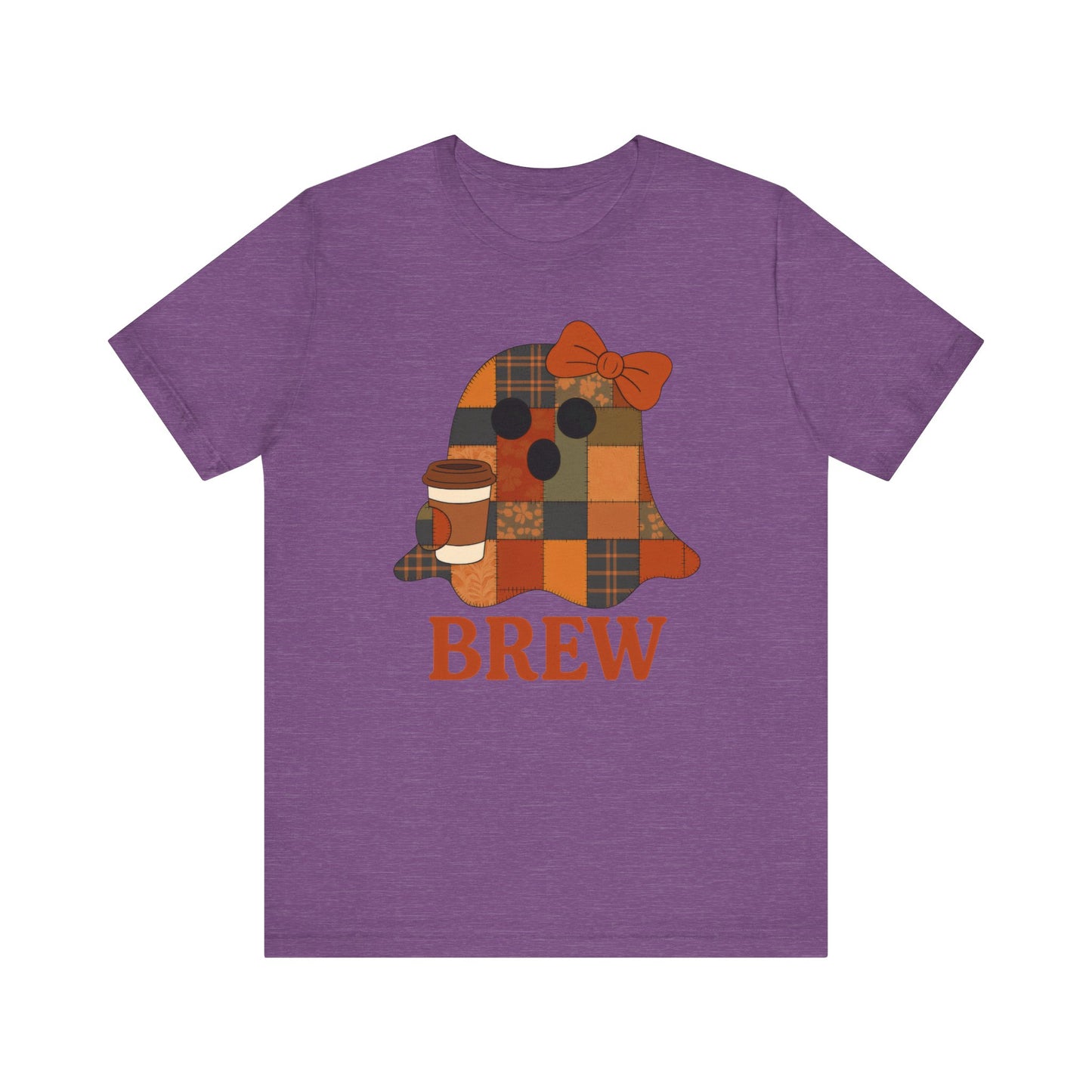 Patchwork Ghost Coffee Halloween Shirt – Quilted Fall Plaid Brew Tee for Coffee Lovers