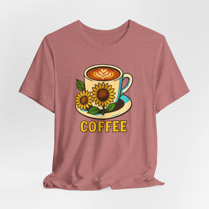 Coffee Lover Tee, Unisex Coffee Short Sleeve Shirt, Sunflower Graphic Tee, Best Gift for Baristas, Casual Summer Wear