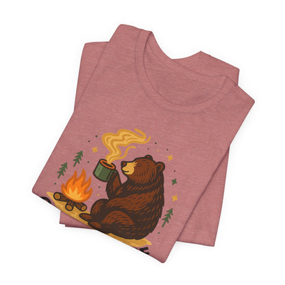 Cozy Campfire T-Shirt, Bear Graphic Tee, Outdoorsy Shirt, Coffee Lovers Gift, Adventure Clothing, Father's Day, Summer Camping Gear