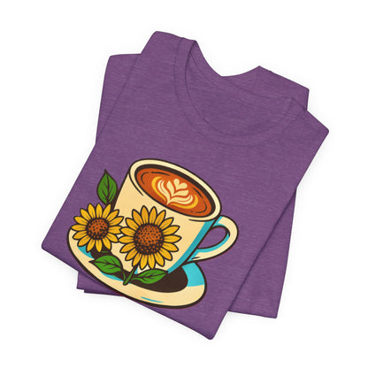 Coffee Lover Tee, Unisex Coffee Short Sleeve Shirt, Sunflower Graphic Tee, Best Gift for Baristas, Casual Summer Wear
