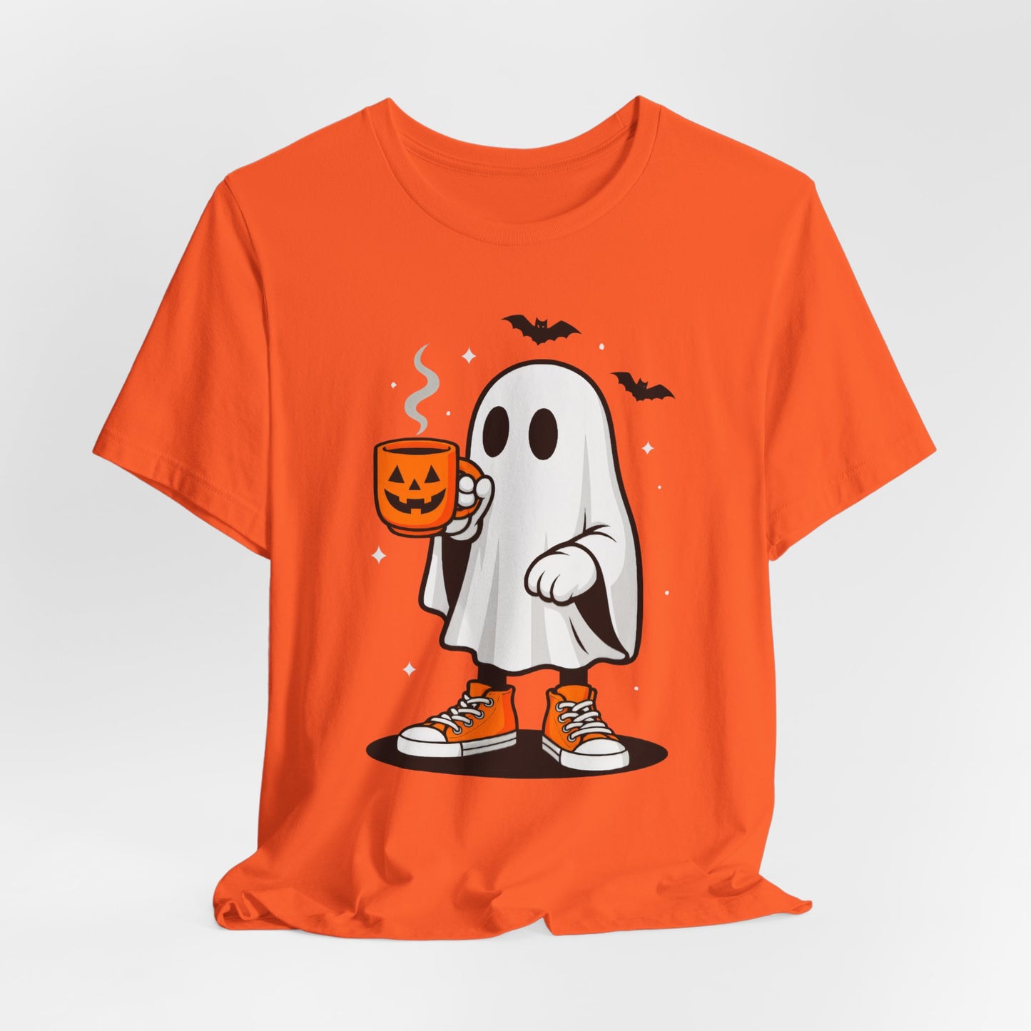 Halloween Ghost Graphic Tee, Spooky T-Shirt, Unisex Short Sleeve Shirt, Fall Fashion, Pumpkin Mug Design