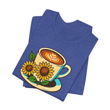 Coffee Lover Tee, Unisex Coffee Short Sleeve Shirt, Sunflower Graphic Tee, Best Gift for Baristas, Casual Summer Wear