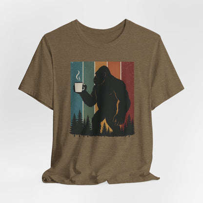 Bigfoot Coffee Lover Shirt – Retro Sasquatch Tee, Funny Outdoor & Nature Gift for Coffee Fans
