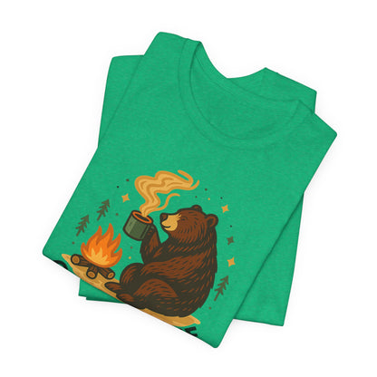 Cozy Campfire T-Shirt, Bear Graphic Tee, Outdoorsy Shirt, Coffee Lovers Gift, Adventure Clothing, Father's Day, Summer Camping Gear