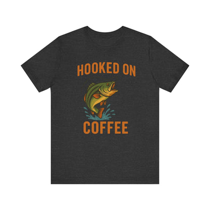 Hooked on Coffee Fishing Tee | Unisex Jersey Short Sleeve T-Shirt, Great for Outdoors, Gifts for Fishermen, Coffee Lovers, Casual Wear