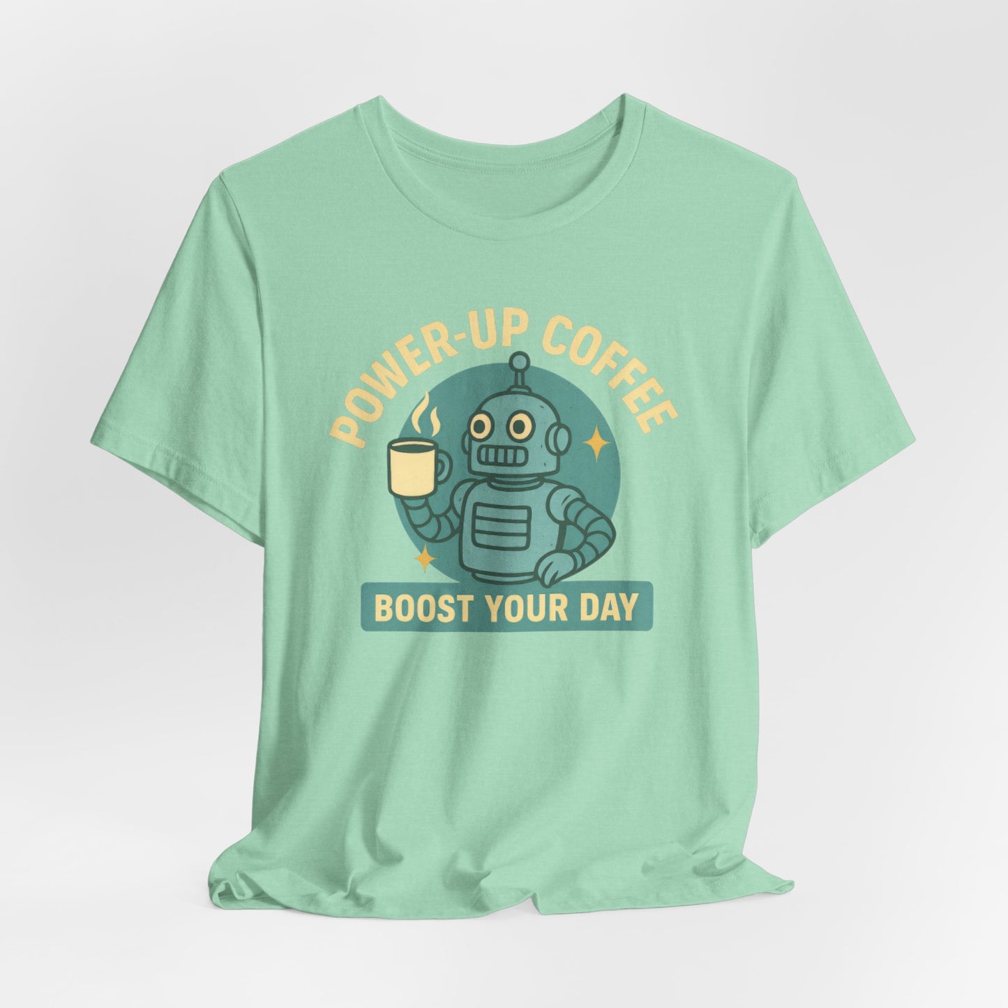 Power-Up Coffee Tee, Funny Robot Shirt, Gift for Coffee Lovers, Unisex Graphic Tee, Quirky Casual Wear, Birthday Apparel