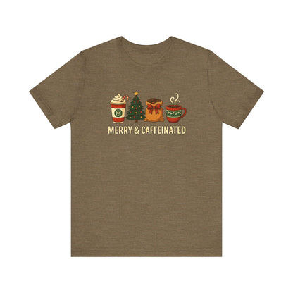 Merry Caffeinated Tee: Cute Coffee Lovers Gift, Holiday Shirt, Unisex Graphic Tee, Christmas Outfit, Cozy T-Shirt