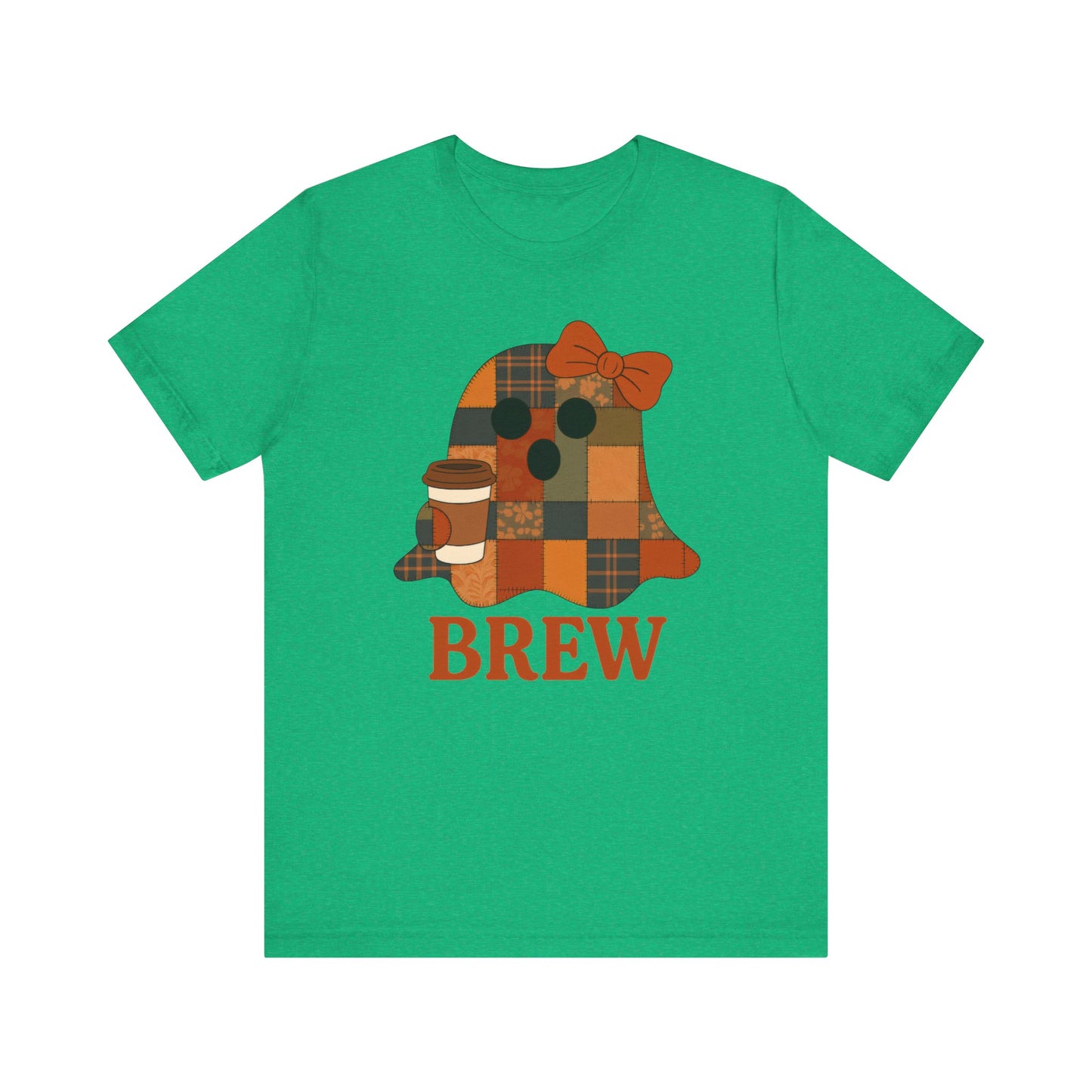 Patchwork Ghost Coffee Halloween Shirt – Quilted Fall Plaid Brew Tee for Coffee Lovers