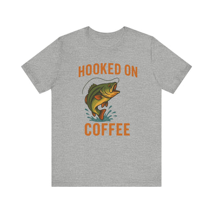 Hooked on Coffee Fishing Tee | Unisex Jersey Short Sleeve T-Shirt, Great for Outdoors, Gifts for Fishermen, Coffee Lovers, Casual Wear