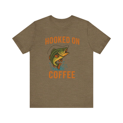 Hooked on Coffee Fishing Tee | Unisex Jersey Short Sleeve T-Shirt, Great for Outdoors, Gifts for Fishermen, Coffee Lovers, Casual Wear