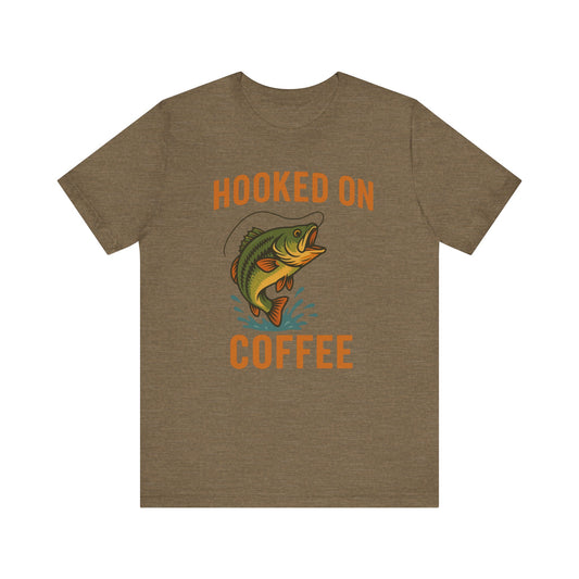 Hooked on Coffee Fishing Tee | Unisex Jersey Short Sleeve T-Shirt, Great for Outdoors, Gifts for Fishermen, Coffee Lovers, Casual Wear
