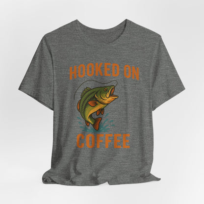 Hooked on Coffee Fishing Tee | Unisex Jersey Short Sleeve T-Shirt, Great for Outdoors, Gifts for Fishermen, Coffee Lovers, Casual Wear