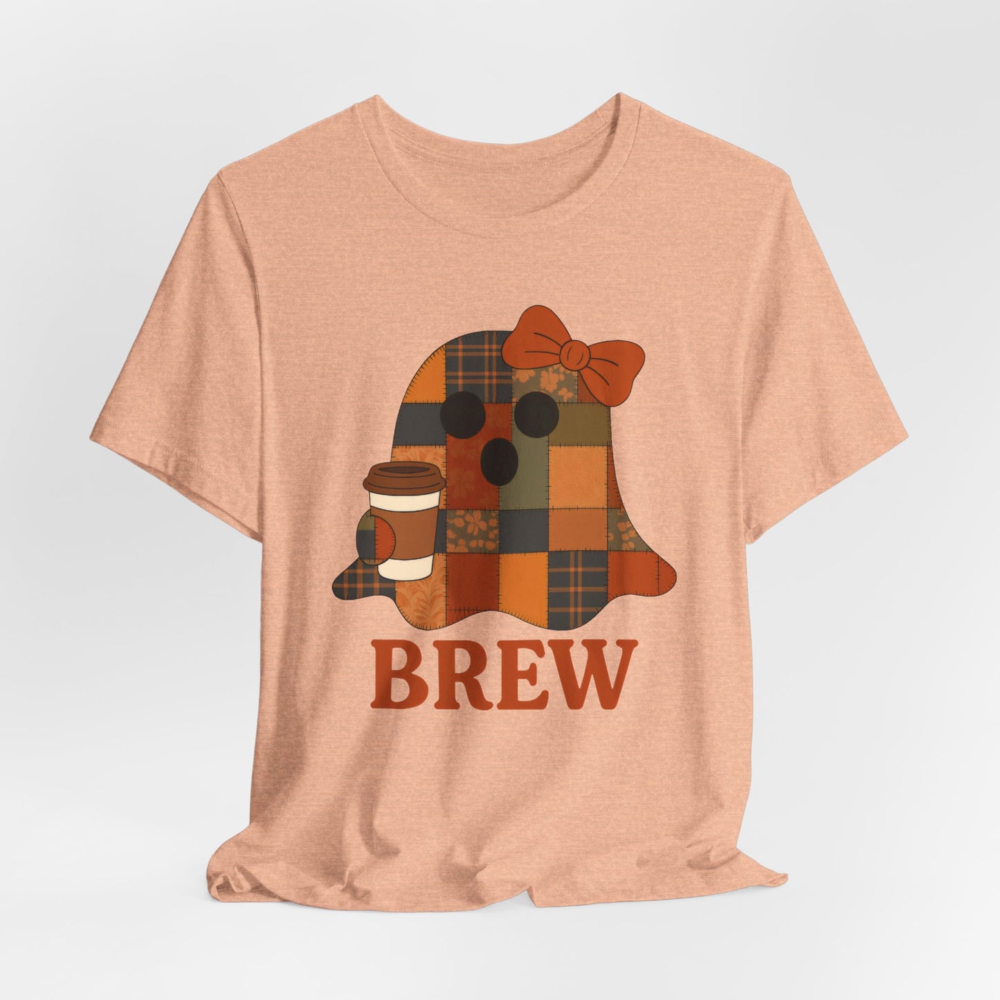 Patchwork Ghost Coffee Halloween Shirt – Quilted Fall Plaid Brew Tee for Coffee Lovers