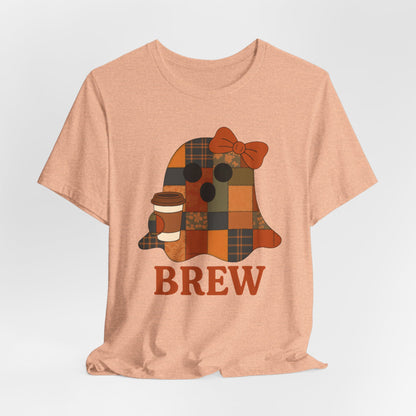 Patchwork Ghost Coffee Halloween Shirt – Quilted Fall Plaid Brew Tee for Coffee Lovers