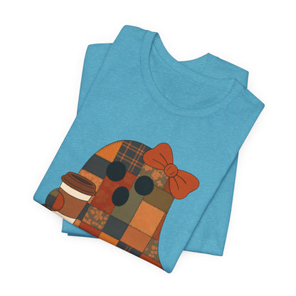 Patchwork Ghost Coffee Halloween Shirt – Quilted Fall Plaid Brew Tee for Coffee Lovers
