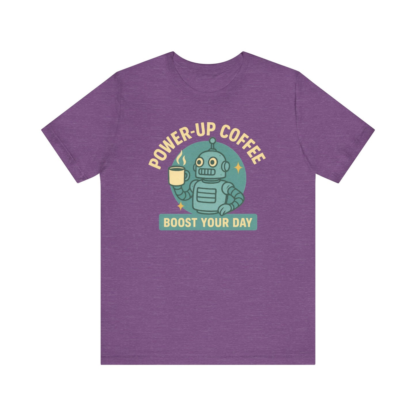 Power-Up Coffee Tee, Funny Robot Shirt, Gift for Coffee Lovers, Unisex Graphic Tee, Quirky Casual Wear, Birthday Apparel