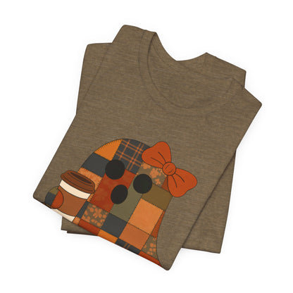 Patchwork Ghost Coffee Halloween Shirt – Quilted Fall Plaid Brew Tee for Coffee Lovers
