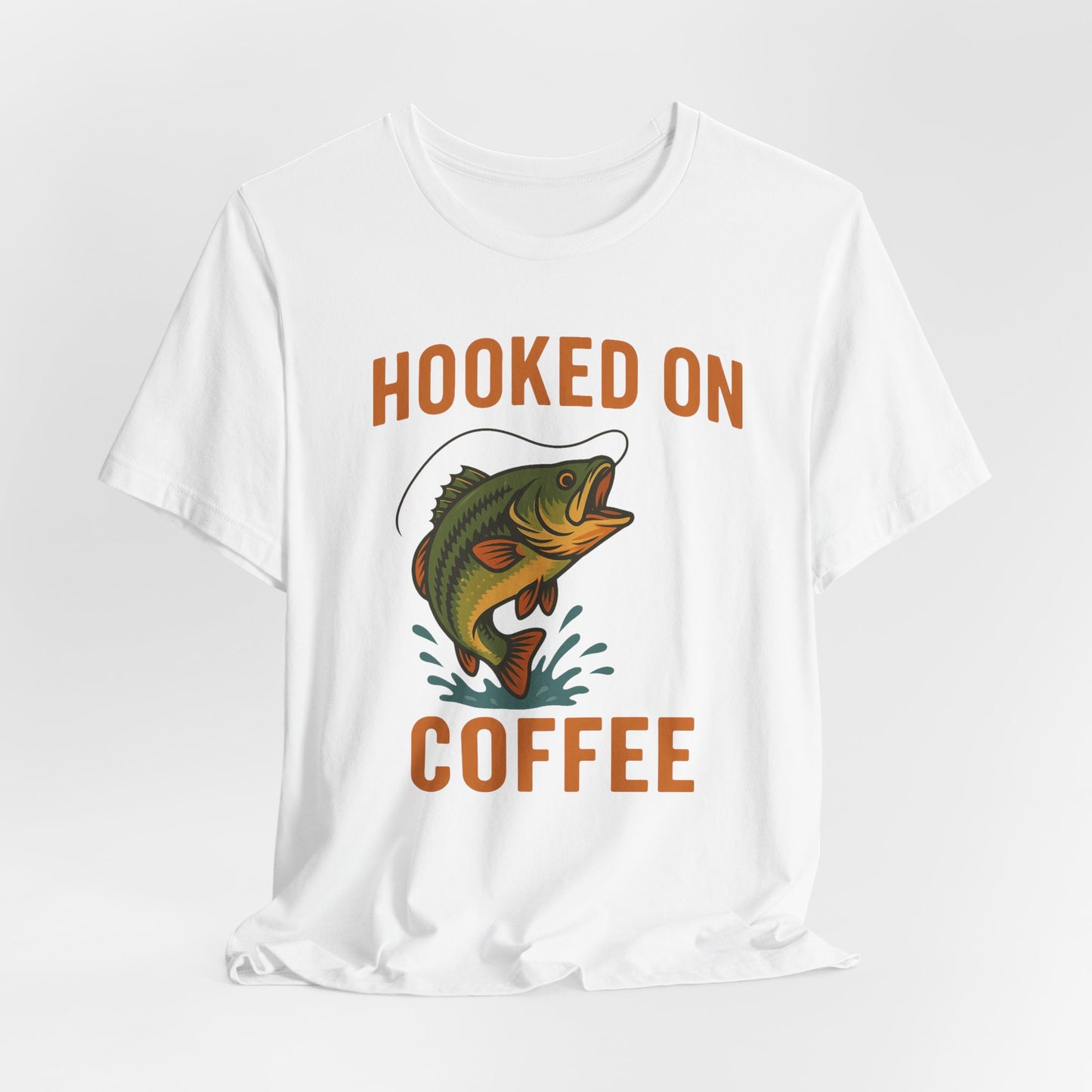 Hooked on Coffee Fishing Tee | Unisex Jersey Short Sleeve T-Shirt, Great for Outdoors, Gifts for Fishermen, Coffee Lovers, Casual Wear