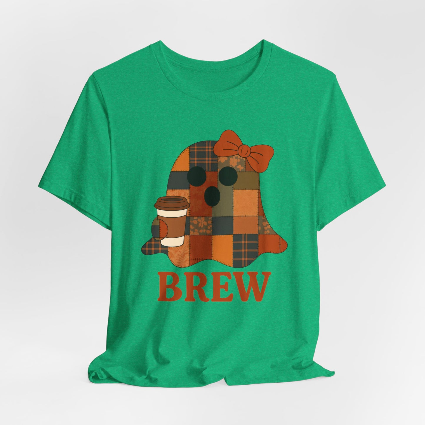 Patchwork Ghost Coffee Halloween Shirt – Quilted Fall Plaid Brew Tee for Coffee Lovers