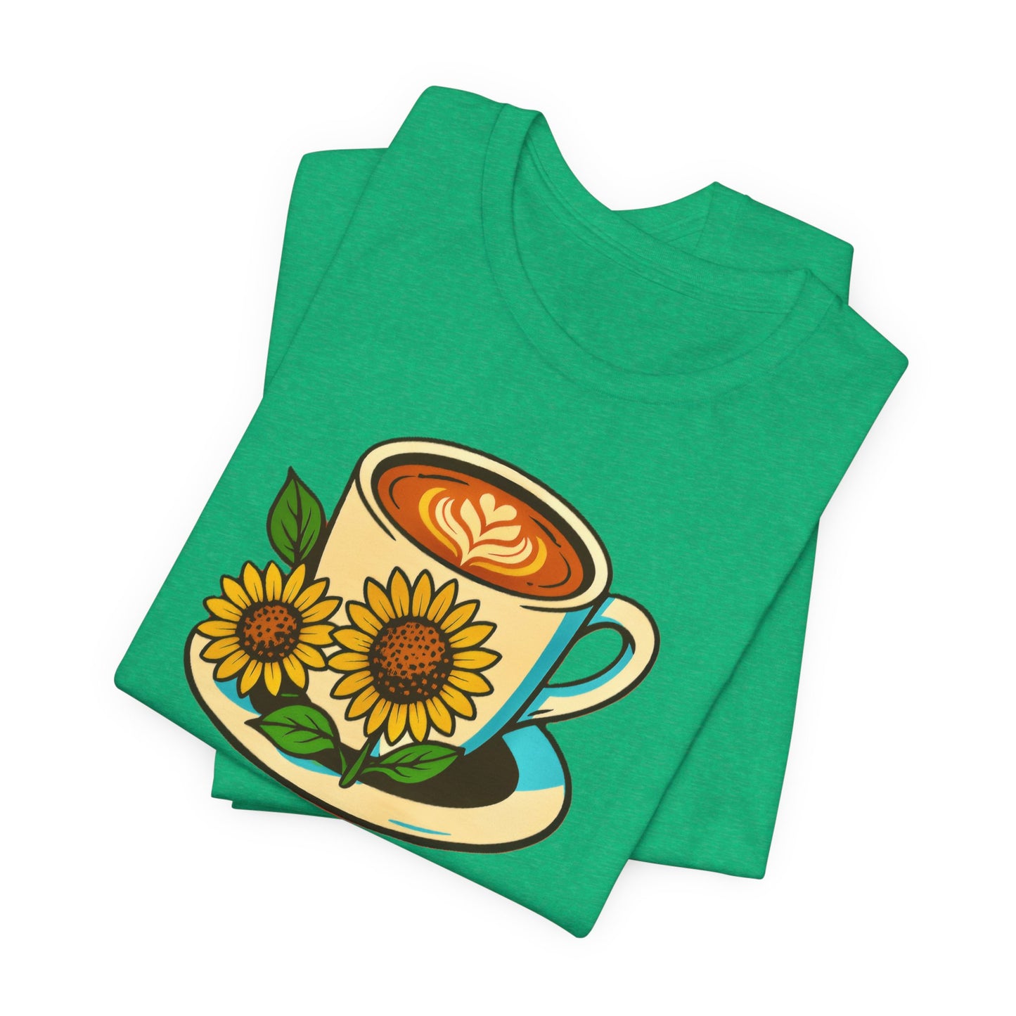 Coffee Lover Tee, Unisex Coffee Short Sleeve Shirt, Sunflower Graphic Tee, Best Gift for Baristas, Casual Summer Wear