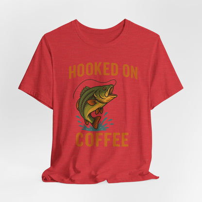 Hooked on Coffee Fishing Tee | Unisex Jersey Short Sleeve T-Shirt, Great for Outdoors, Gifts for Fishermen, Coffee Lovers, Casual Wear