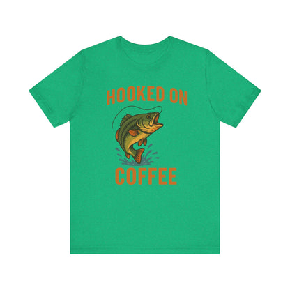 Hooked on Coffee Fishing Tee | Unisex Jersey Short Sleeve T-Shirt, Great for Outdoors, Gifts for Fishermen, Coffee Lovers, Casual Wear