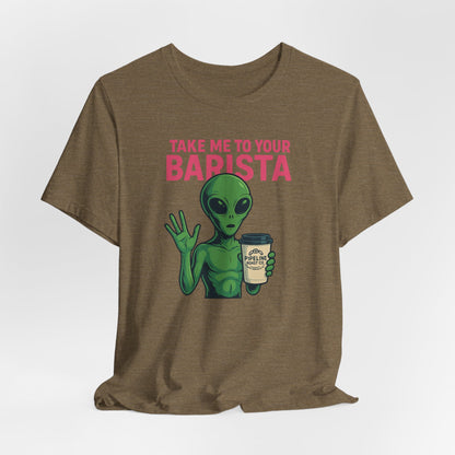 Alien Barista Tee, Funny Coffee Lover Shirt, Unisex Graphic Tee, Gift for Barista, Unique Casual Wear, Quirky Humor Top