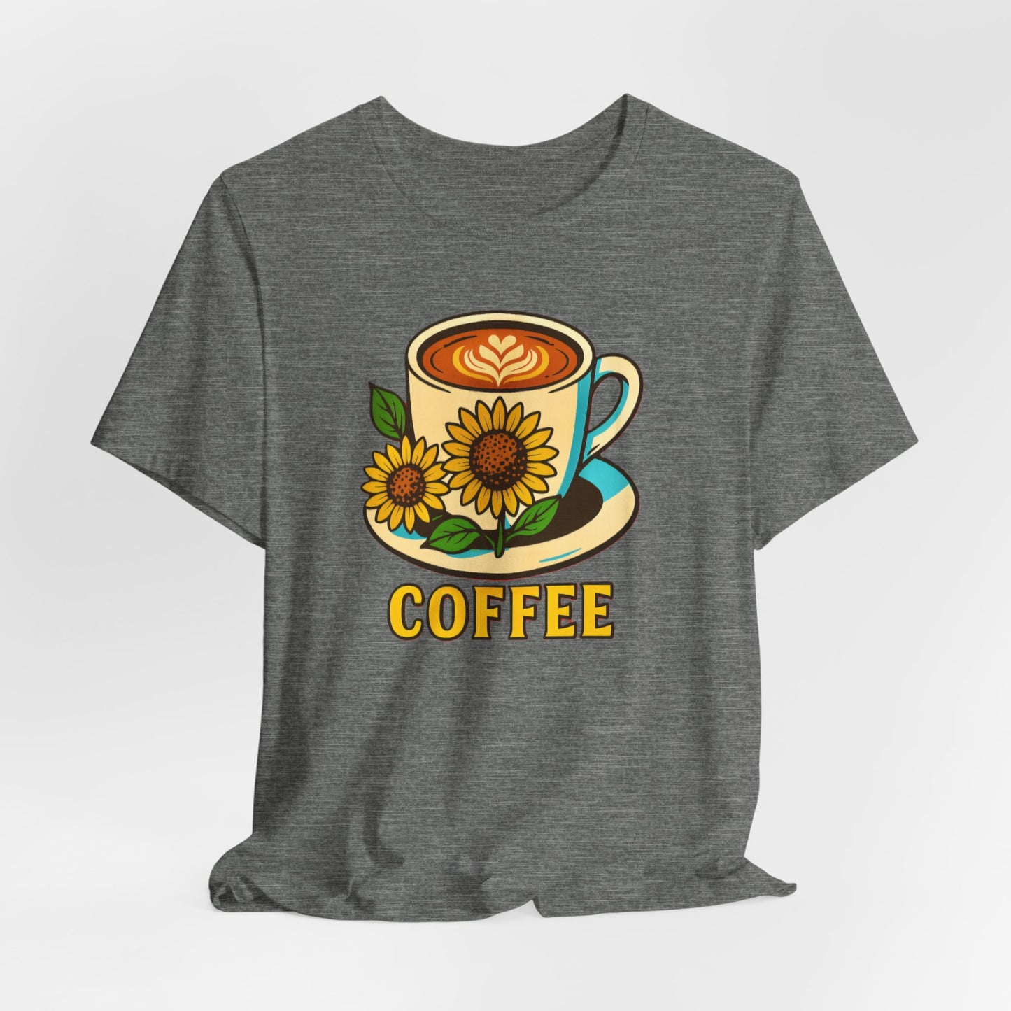 Coffee Lover Tee, Unisex Coffee Short Sleeve Shirt, Sunflower Graphic Tee, Best Gift for Baristas, Casual Summer Wear