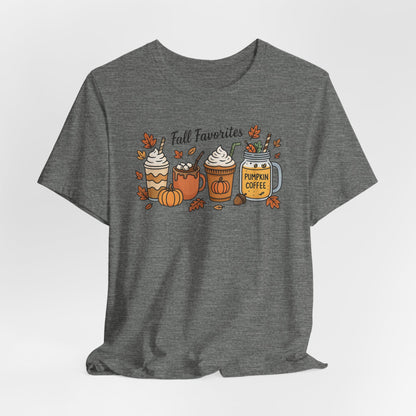 Cozy Fall Favorites Tee | Autumn Shirt, Pumpkin Coffee Top, Unisex Fall T-Shirt, Gift for Coffee Lovers, Seasonal Apparel