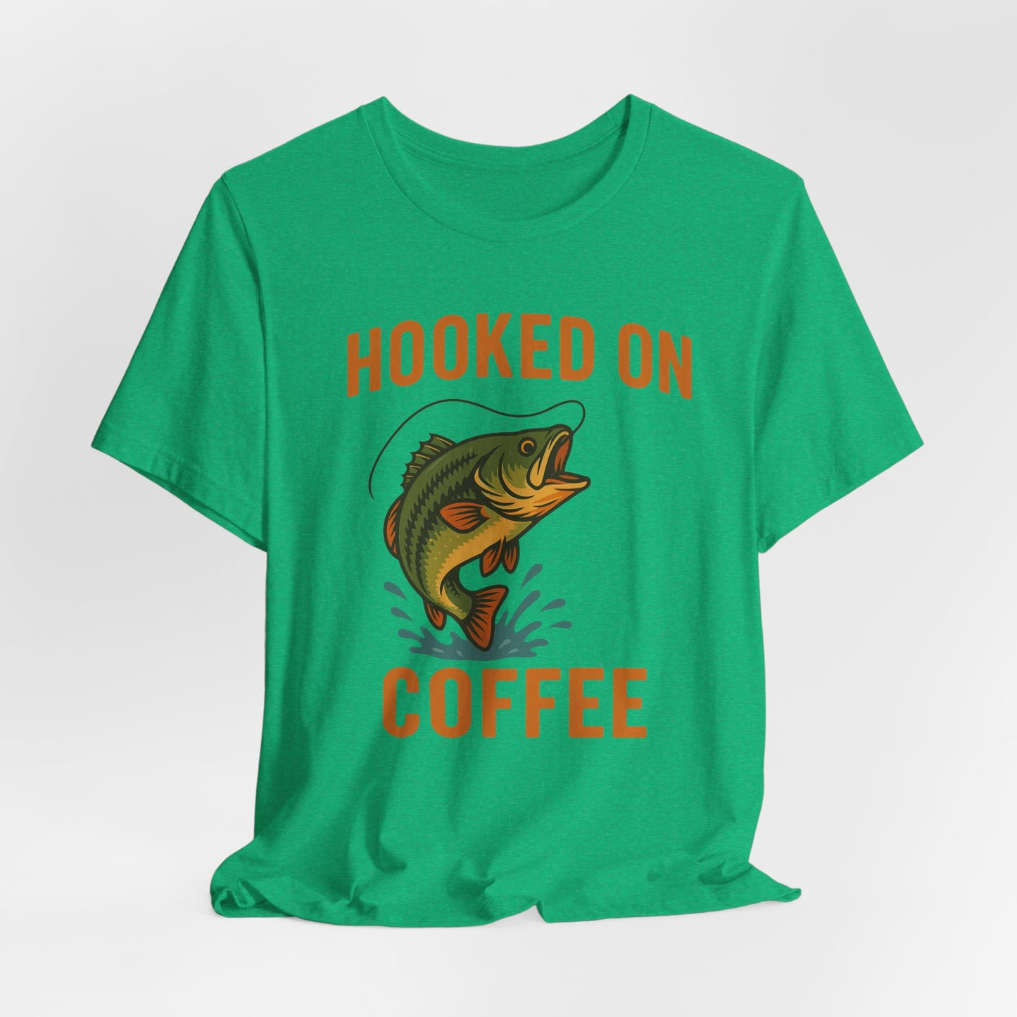 Hooked on Coffee Fishing Tee | Unisex Jersey Short Sleeve T-Shirt, Great for Outdoors, Gifts for Fishermen, Coffee Lovers, Casual Wear