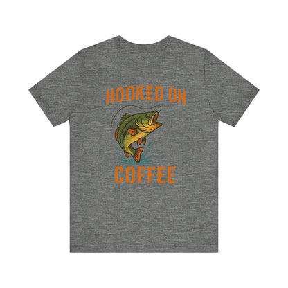 Hooked on Coffee Fishing Tee | Unisex Jersey Short Sleeve T-Shirt, Great for Outdoors, Gifts for Fishermen, Coffee Lovers, Casual Wear