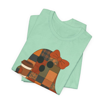 Patchwork Ghost Coffee Halloween Shirt – Quilted Fall Plaid Brew Tee for Coffee Lovers