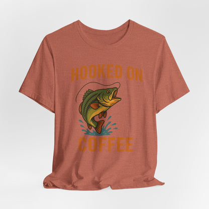 Hooked on Coffee Fishing Tee | Unisex Jersey Short Sleeve T-Shirt, Great for Outdoors, Gifts for Fishermen, Coffee Lovers, Casual Wear