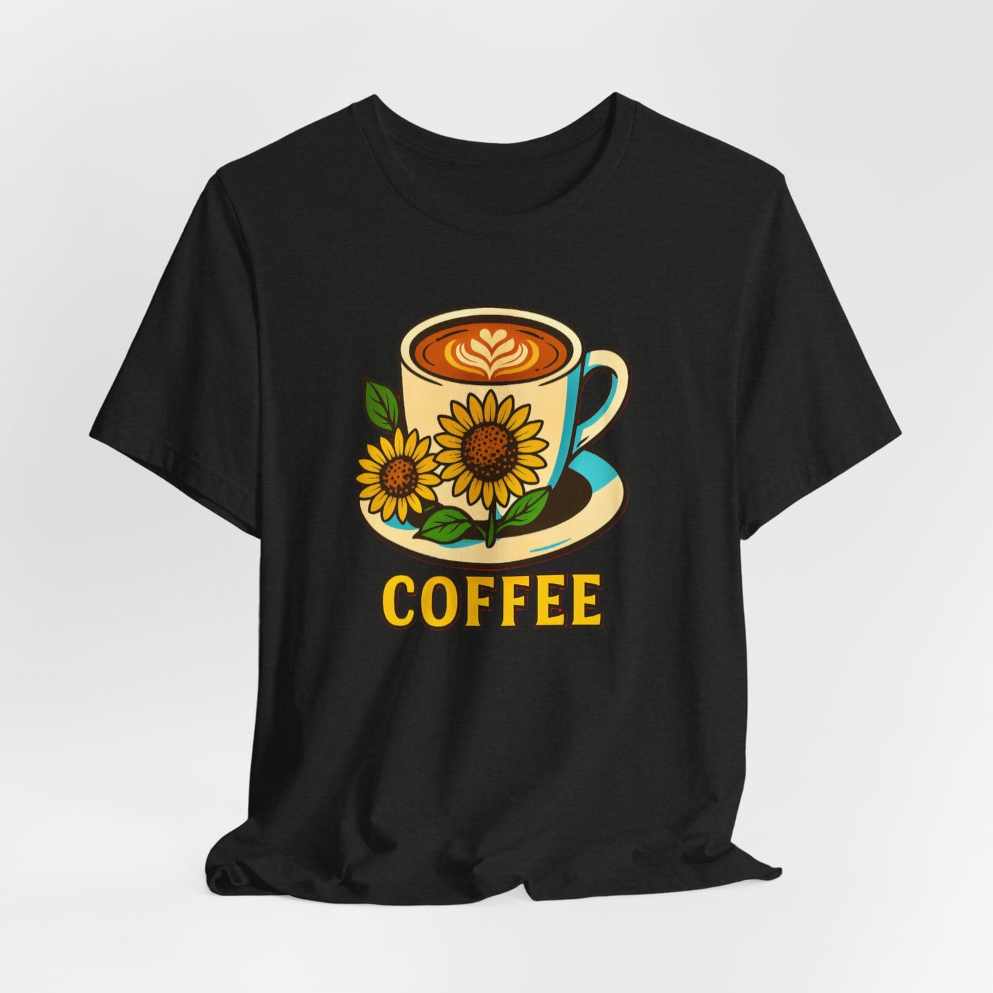 Coffee Lover Tee, Unisex Coffee Short Sleeve Shirt, Sunflower Graphic Tee, Best Gift for Baristas, Casual Summer Wear
