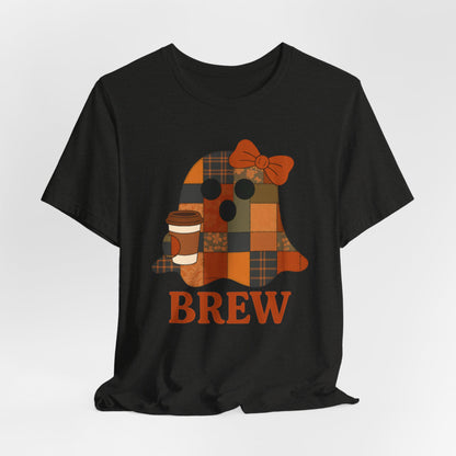 Patchwork Ghost Coffee Halloween Shirt – Quilted Fall Plaid Brew Tee for Coffee Lovers
