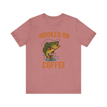 Hooked on Coffee Fishing Tee | Unisex Jersey Short Sleeve T-Shirt, Great for Outdoors, Gifts for Fishermen, Coffee Lovers, Casual Wear