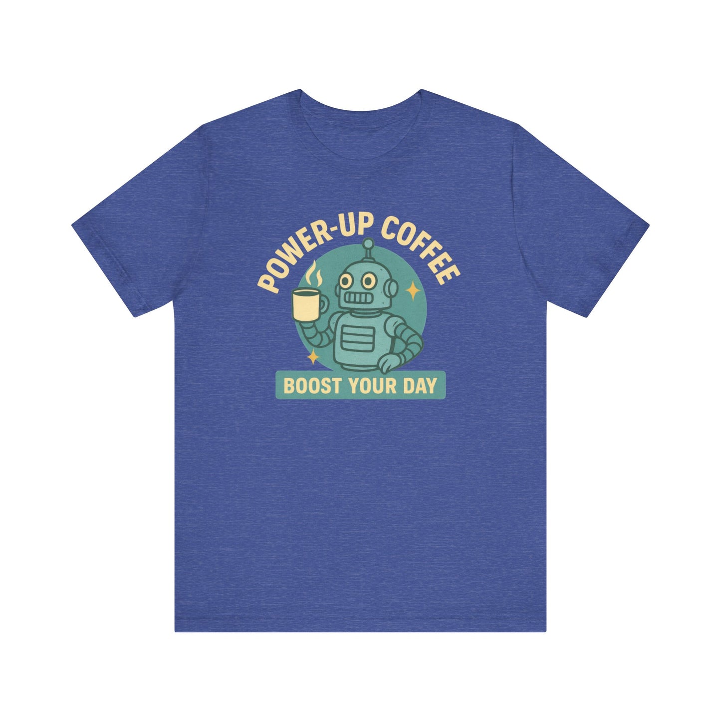 Power-Up Coffee Tee, Funny Robot Shirt, Gift for Coffee Lovers, Unisex Graphic Tee, Quirky Casual Wear, Birthday Apparel