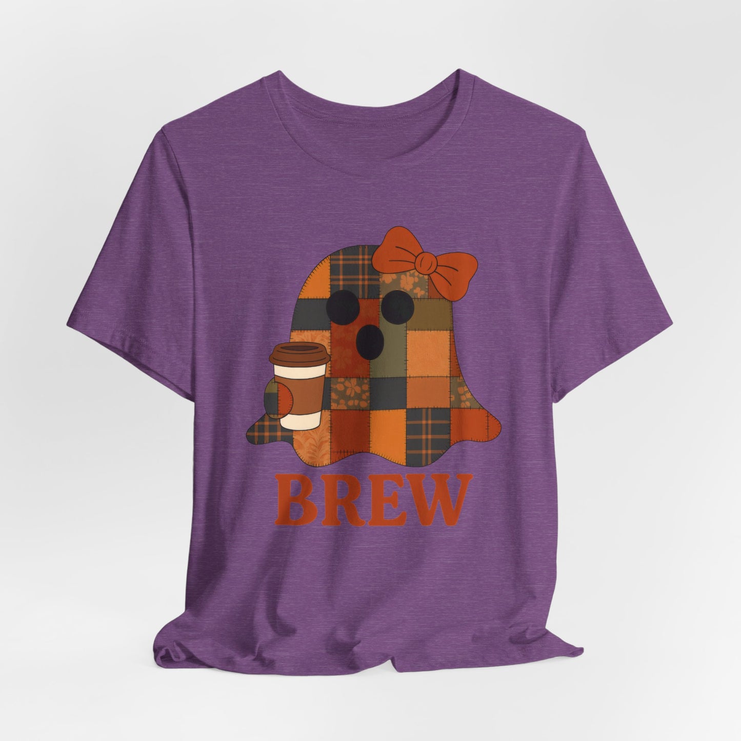 Patchwork Ghost Coffee Halloween Shirt – Quilted Fall Plaid Brew Tee for Coffee Lovers